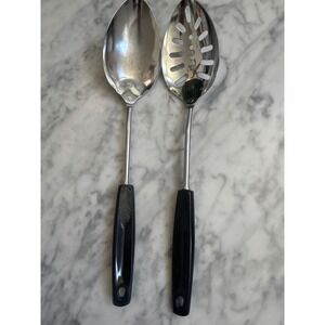 Vintage Foley USA Chrome Plated Serving Spoon Set Black Handle Slotted Solid MCM
